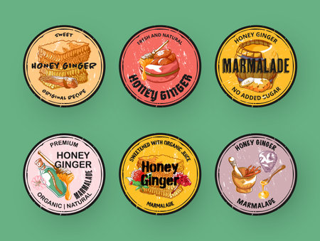 Honey ginger marmalade engraving vintage grunge texture round label design template set vectorのイラスト素材