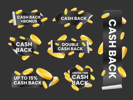 Cash back black peel off sticker with golden coin money design template set realistic vectorのイラスト素材