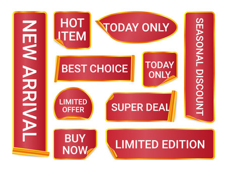 Shopping special offer red peel off stickers design template set realistic vector illustrationのイラスト素材