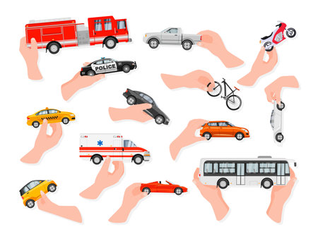 Human hands holding different car toy auto game playing set vector flat illustrationのイラスト素材