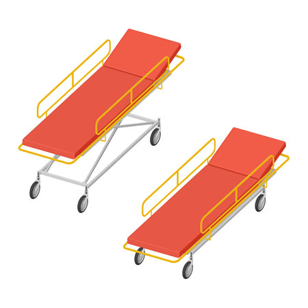 Orange wheeled medical stretcher isometric standing and folded realistic vector illustrationのイラスト素材