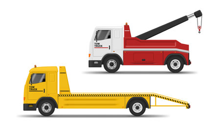 Tow truck rollback and hook lifting industrial emergency transportation set realistic vectorのイラスト素材