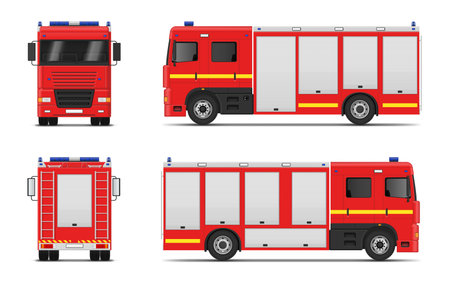 Red fire engine firetruck firefighter car front back side view mock up realistic vector illustration