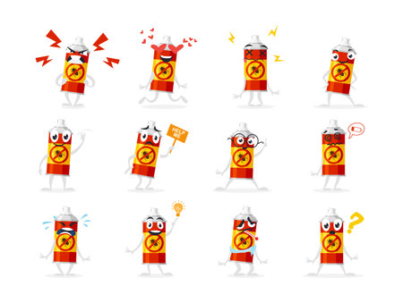 A playful collection of cartoon insect spray characters in various poses expressing different emotions and actionsのイラスト素材