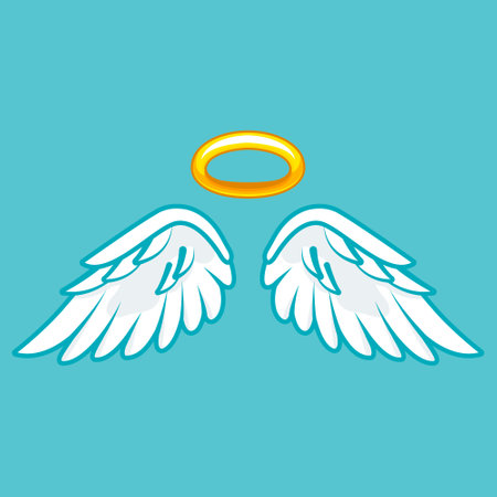 Elegant wings with a golden nimbus halo isolated on a vibrant turquoise background, symbolizing purity and divine presence in a serene atmosphereのイラスト素材