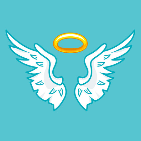 Elegant white angel wings with a golden halo isolated on a vibrant blue background, representing purity and divinity in a unique artistic designのイラスト素材