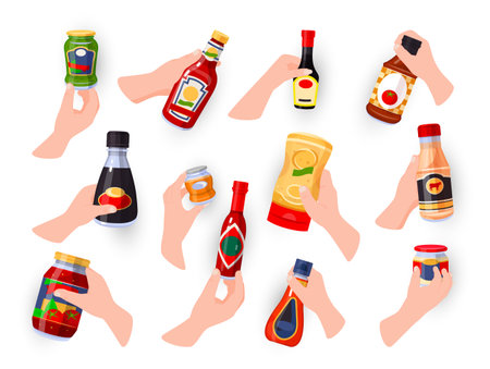 A set of hands holding various sauces and condiments, demonstrating their wide variety and tasteのイラスト素材