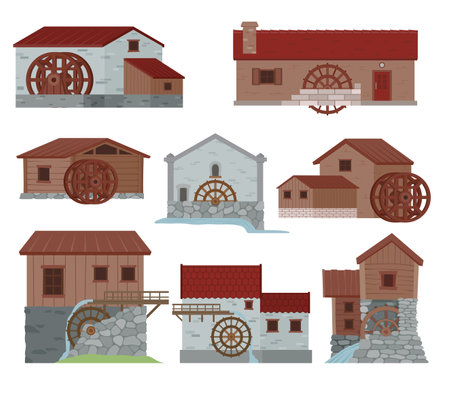 Watermill wooden stone rustic agricultural building with wheel water energy set isometric vectorのイラスト素材