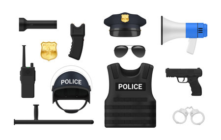 Police occupation professional equipment set realistic vector illustrationのイラスト素材