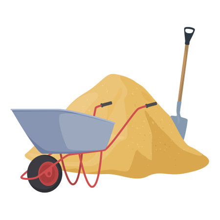 One wheeled construction wheelbarrow with sand pile and shovel isometric vectorのイラスト素材