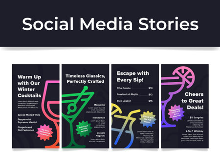 Cocktail menu pub bar nightclub social media stories design template set vector flatのイラスト素材
