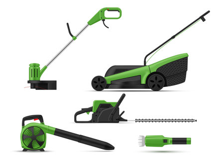Modern green garden electric machine equipment set realistic vector illustrationのイラスト素材