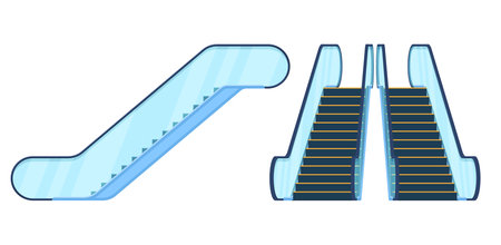 Set of escalators from front and side isolated on white background to facilitate movement between different levels in different conditions.のイラスト素材