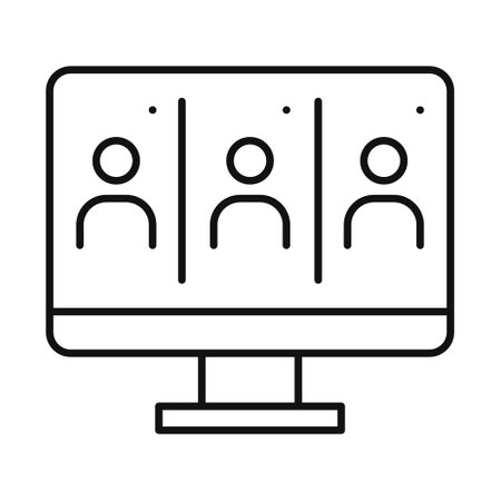 Online meeting icon illustrating virtual collaboration among participants on a computer screen with three avatarsのイラスト素材