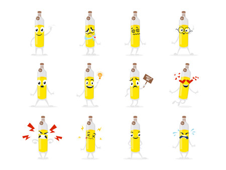 Colourful olive oil characters expressing a range of emotions, showing excitement, sadness and joy through interesting facial expressions and gestures.のイラスト素材