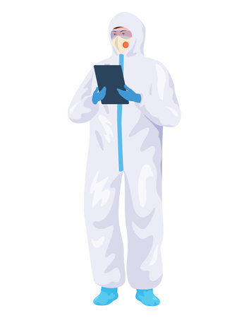 Illustration of a healthcare worker wearing protective suit on plain white background holding tablet and looking through medical information.のイラスト素材