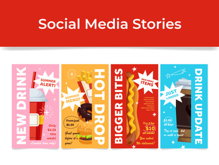 New menu drink and fast food update social media stories design template set vector flatのイラスト素材