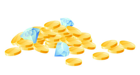 Bright stack of shiny gold coins and sparkling gemstones on pure white background demonstrating wealth and luxuryのイラスト素材
