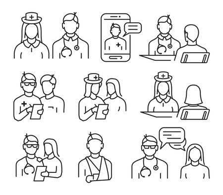 Doctor and patient icons illustrating various healthcare interactions and virtual consultations in a modern medical environmentのイラスト素材