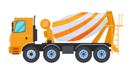 Illustration of a concrete mixer truck on a white background, highlighting its main features, designed for mixing and transporting concrete at construction sites.のイラスト素材