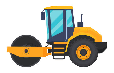 Illustration of a road roller on a white background, emphasizing the functionality of this equipment in construction and road worksのイラスト素材