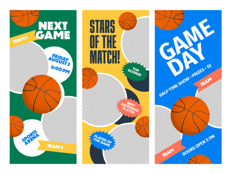 Colorful banners with basketball game announcements, team names, event date and highlights such as the top scorer and best defender.のイラスト素材