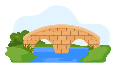 Old brick bridge arches over blue river surrounded by green hills and trees on a sunny dayのイラスト素材
