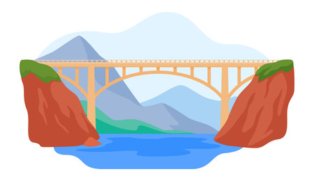 Vector illustration of a road bridge over a river surrounded by mountains and rocky cliffsのイラスト素材
