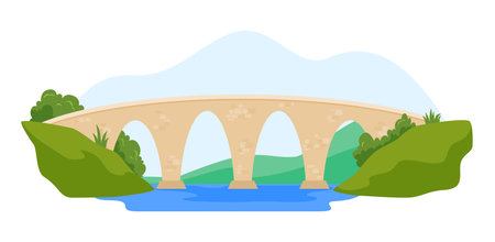 An illustration of an old brick bridge over a quiet river. The lush greenery and rolling landscape surrounding the bridge create a tranquil atmosphere.のイラスト素材