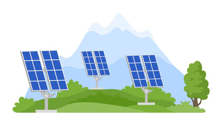 An illustration of solar panels installed on a lush hillside. Majestic mountains rise in the...