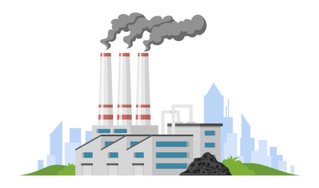 Coal fired power plant illustration showing industrial activity with smoke rising from chimneys against a city skylineのイラスト素材