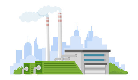 A contemporary power plant features two tall smokestacks and green cooling towers, surrounded by urban buildings and a clear sky with a few clouds.のイラスト素材