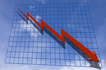 Downward graph with red arrow and a sky background