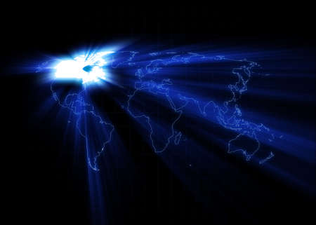 World map with the Canada glowing with black background.の写真素材