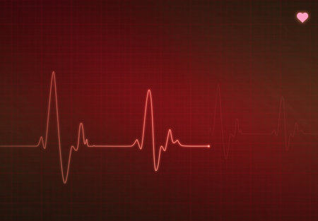 Medical heartbeat monitor (electrocardiogram) with red background and heart symbol