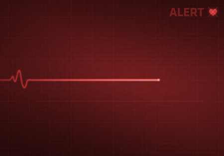 Flatline blip on a medical heart monitor EKG (electrocardiogram) with red background and heart...