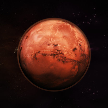 Planet Mars in space, visible red rock planet with thin red atmosphere with distance stars in the...
