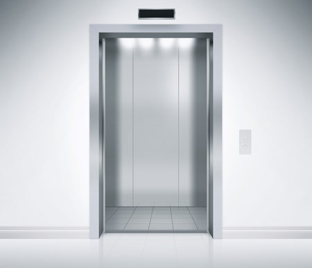 An empty modern elevator or lift with metal doors that are open in building with lighting.