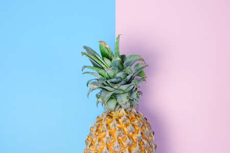 Pineapple On The Pastel Colors Background Blue Light Pink Minimal Style Concept Of Summer Healthy Food Space For Text Top Viewの写真素材
