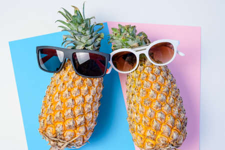 Two Pineapples With Sunglasses On The Pastel Colors Background Blue Light Pink Minimal Style Concept Of Summer Sunny Vacation Top Viewの写真素材