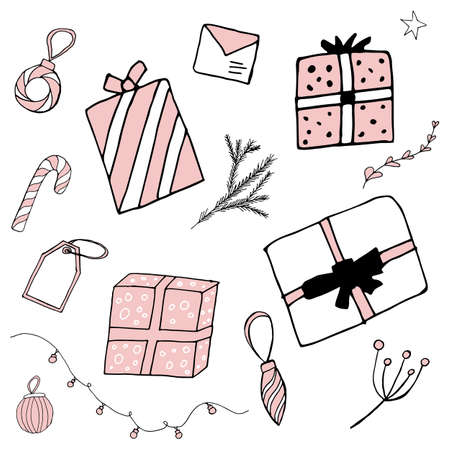 Set of Christmas typography and design elements. Hand Drawn Doodle Style. Pastel Pink Color. Gift Boxes, Candy Cane, Tag And Christmas Decor.のイラスト素材