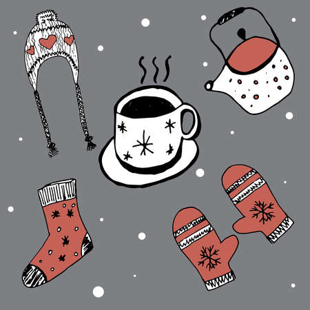 Winter warm clothes accessories and hot tea cup. Cozy and cute objects. Freehand drawing. Doodle style. Can be used for scrapbook, banner, print, etc.のイラスト素材
