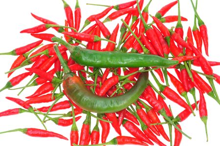 Green And Red Chili On white backgroundの写真素材