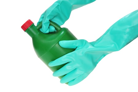 Using Rubber Gloves Holding A Bottle Of Chemicalの写真素材