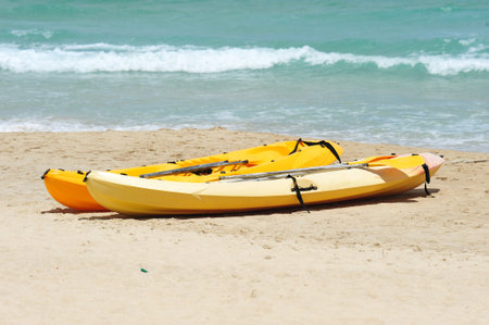 Yellow Canoes At The Beachの写真素材
