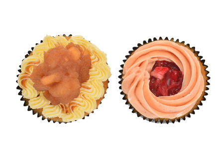 Colorful Mini Cup Cakes With Fruit Cream Topping, Top Viewの写真素材