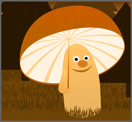 Autumn Smiling Mushroom With Umbrella Under The Rain In The Forest. Vector EPS 10.のイラスト素材