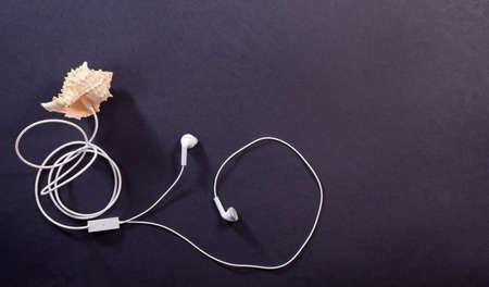 Travel concept. White headphones and seashell on a dark background closeup, listen to the sound of the seaの写真素材