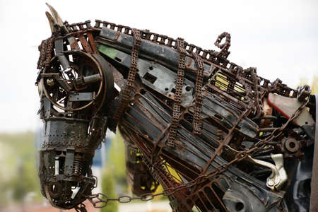 Steampunk design metal horse sculpture backgroundの写真素材