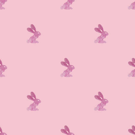 Rabbit seamless pink pattern. Easter watercolor background drawn by hand. Holiday bright texture with funny purple rabbit for kidsの写真素材